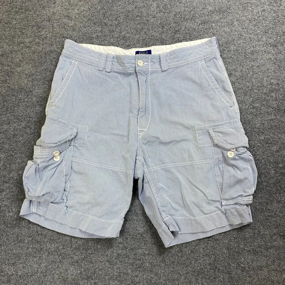 Polo Ralph Lauren Cargo Shorts Mens 36 Blue White Pinstripe Cotton Preppy‎ Beach